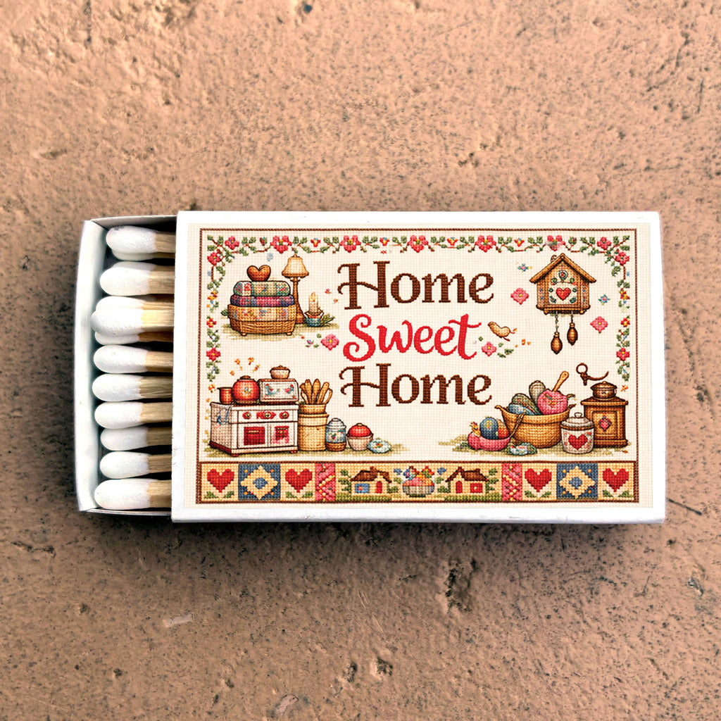 Home Sweet Home Cross-Stitch Matchbook, Rustic Cottage Decor Accessory
