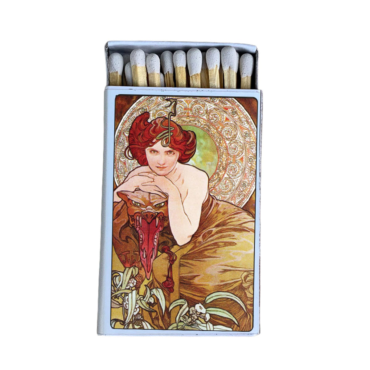 Mucha Emerald Matchbox | Alphonse Mucha Art Matches | Decorative Matches for Candles & Incense | Art Nouveau Home Decor Gift
