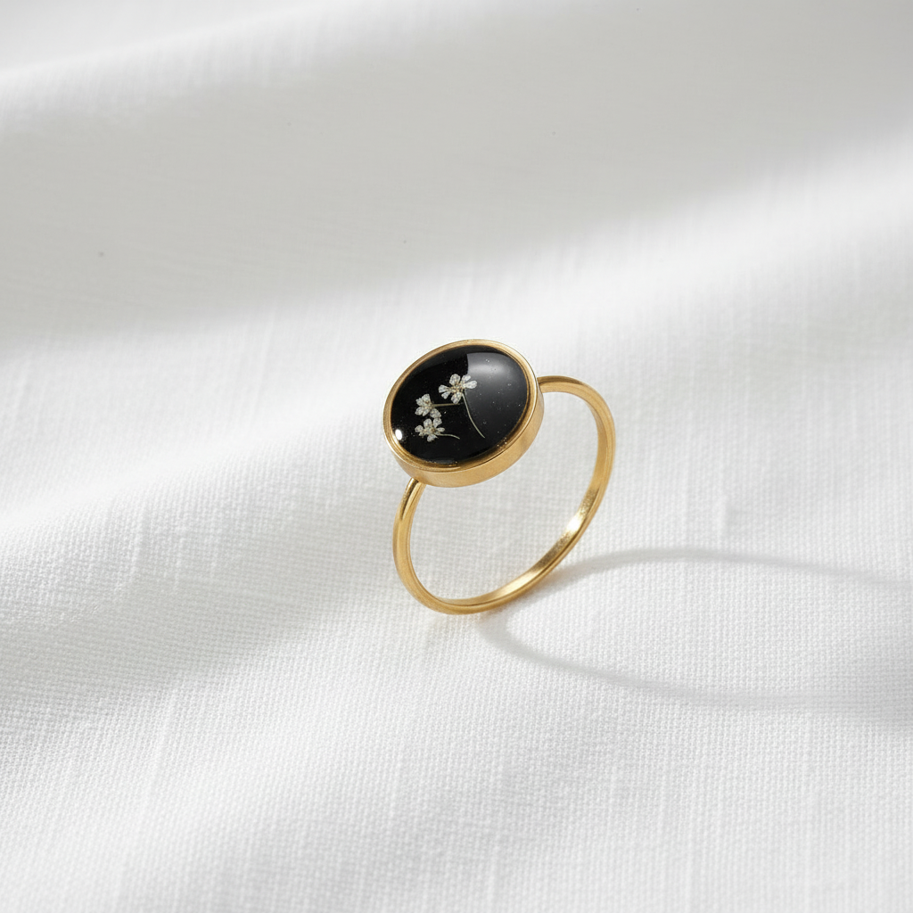 Black Dried Flower Adjustable Ring, Geometric Botanical Resin Jewelry, Nature Inspired Gift for Her