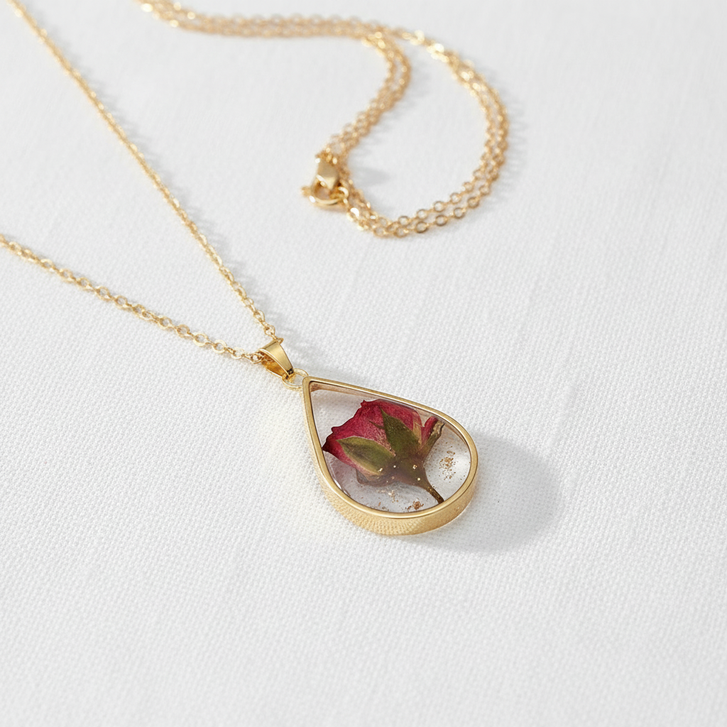 Teardrop Handmade Preserved Floral Specimen Pendant Necklace, Botanical Resin Jewelry, Gift for Her