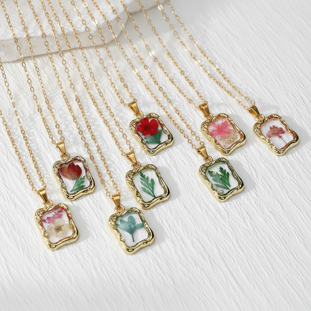 Real Dried Flower Frame Necklace, Adjustable Botanical Resin Pendant, Nature Inspired Gift for Her