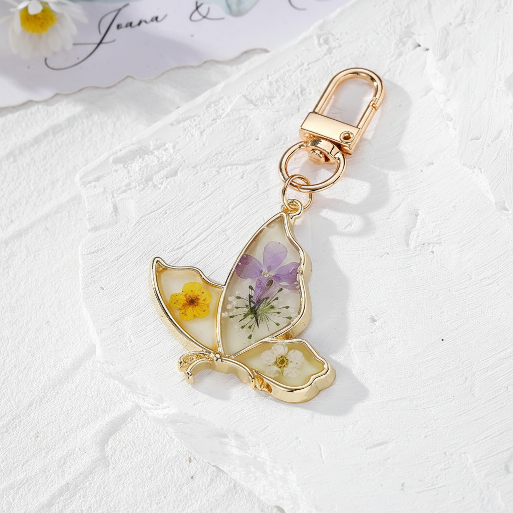 Butterfly Botanical Keychain Charm, Floral Resin Bag Accessory, Nature Inspired Gift for Her