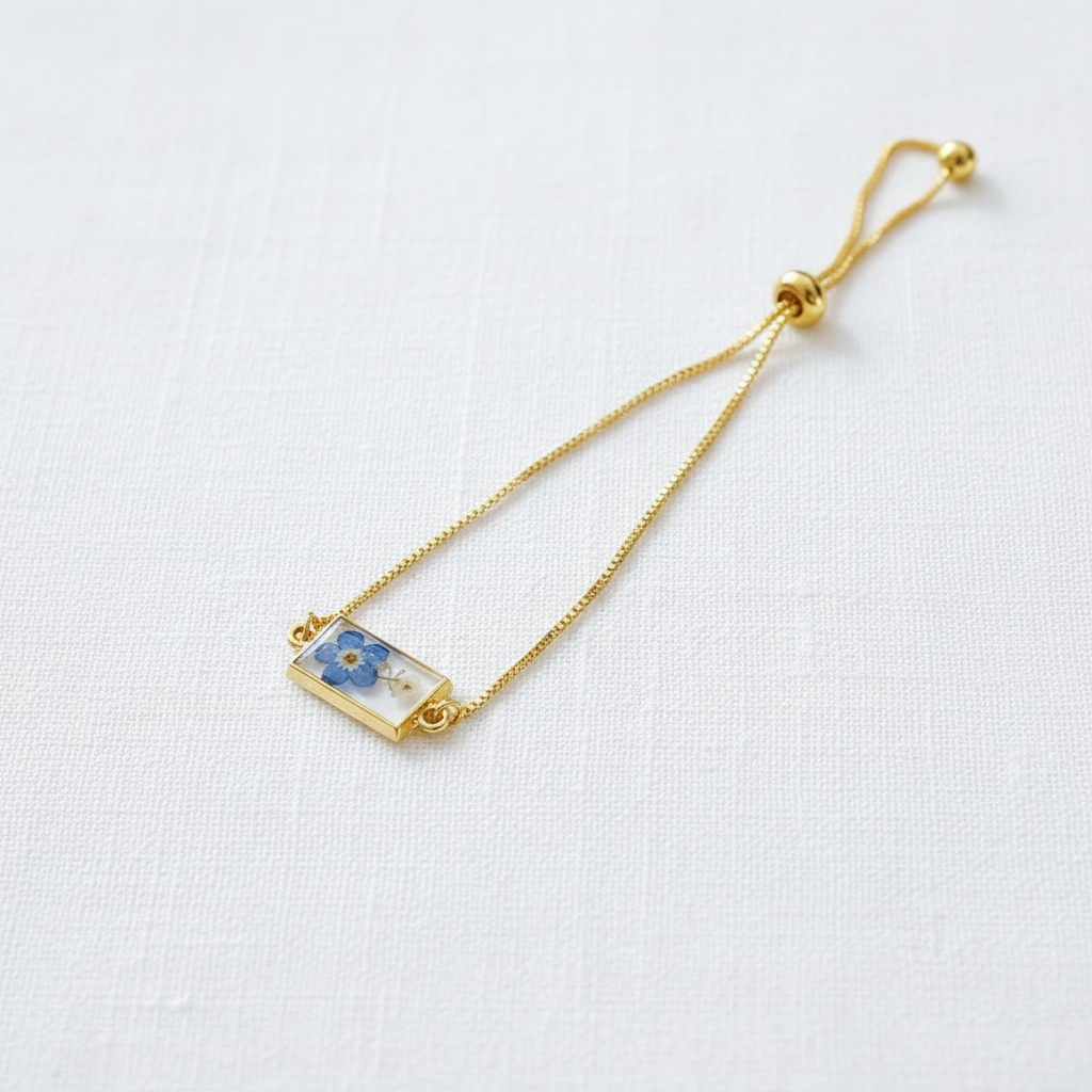 Encased Forget-Me-Not Adjustable Slider Bracelet, Floral Resin Jewelry, Botanical Gift for Her