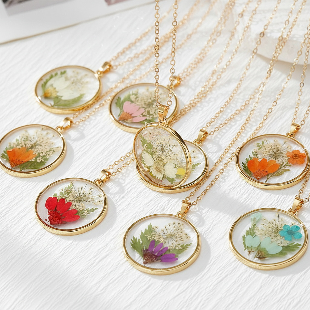 Real Dried Flower Disc Necklace, Botanical Resin Pendant Jewelry, Nature Inspired Gift for Her
