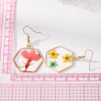 Vibrant Hexagon Natural Flower Drop Earrings, Real Dried Flower Resin Jewelry, Nature Inspired Gift for Her
