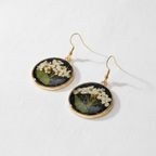Black Round Preserved Dried Flower Drop Earrings, Botanical Earrings, Floral Jewelry, Gift for Her