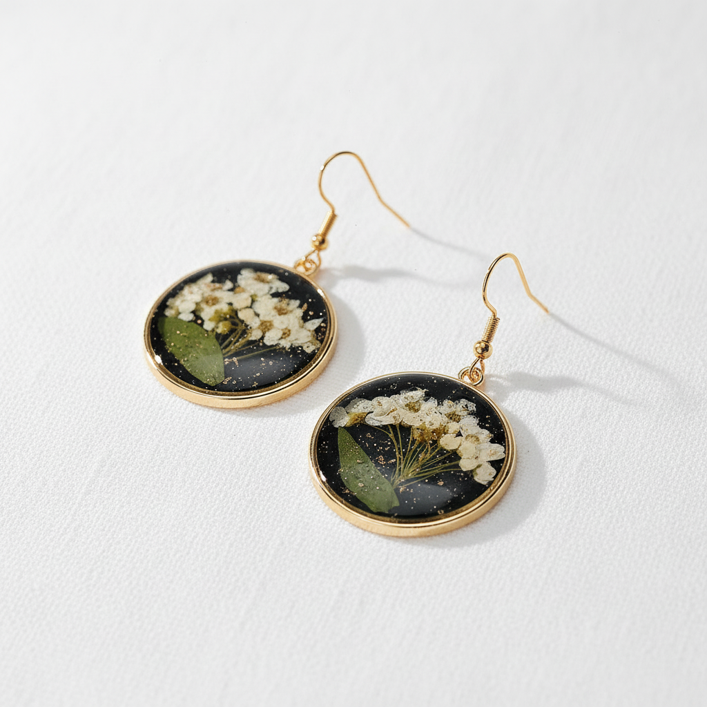 Black Round Preserved Dried Flower Drop Earrings, Botanical Earrings, Floral Jewelry, Gift for Her