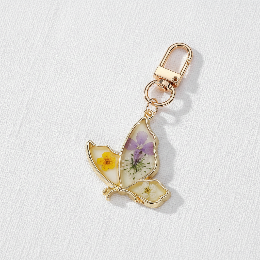 Butterfly Botanical Keychain Charm, Floral Resin Bag Accessory, Nature Inspired Gift for Her