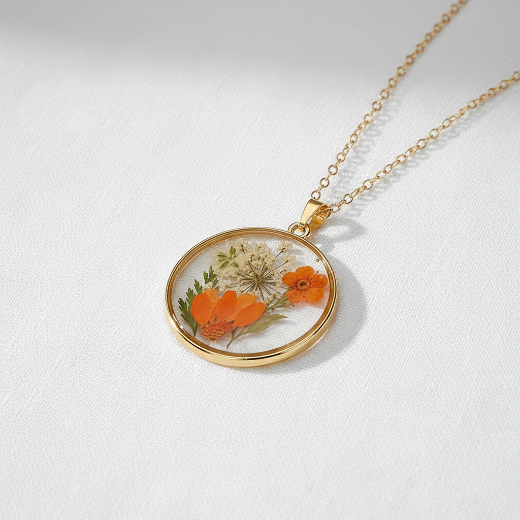 Real Dried Flower Disc Necklace, Botanical Resin Pendant Jewelry, Nature Inspired Gift for Her