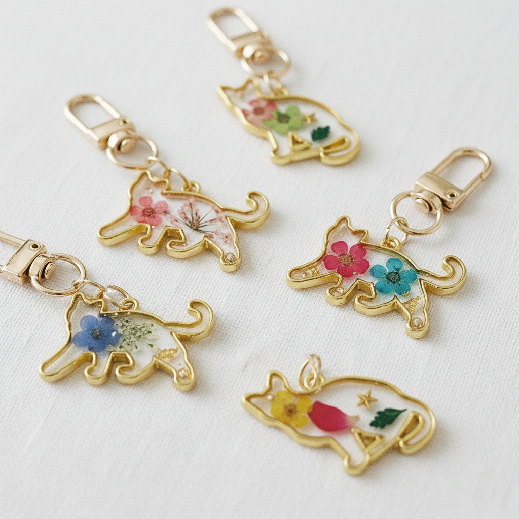 Cat Shaped Botanical Keychain, Preserved Floral Resin Charm, Nature Inspired Gift for Cat Lovers