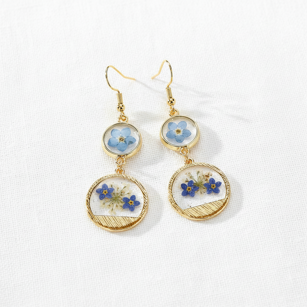 Handcrafted Real Flower Circle Drop Earrings, Botanical Floral Jewelry, Nature Inspired Gift for Her