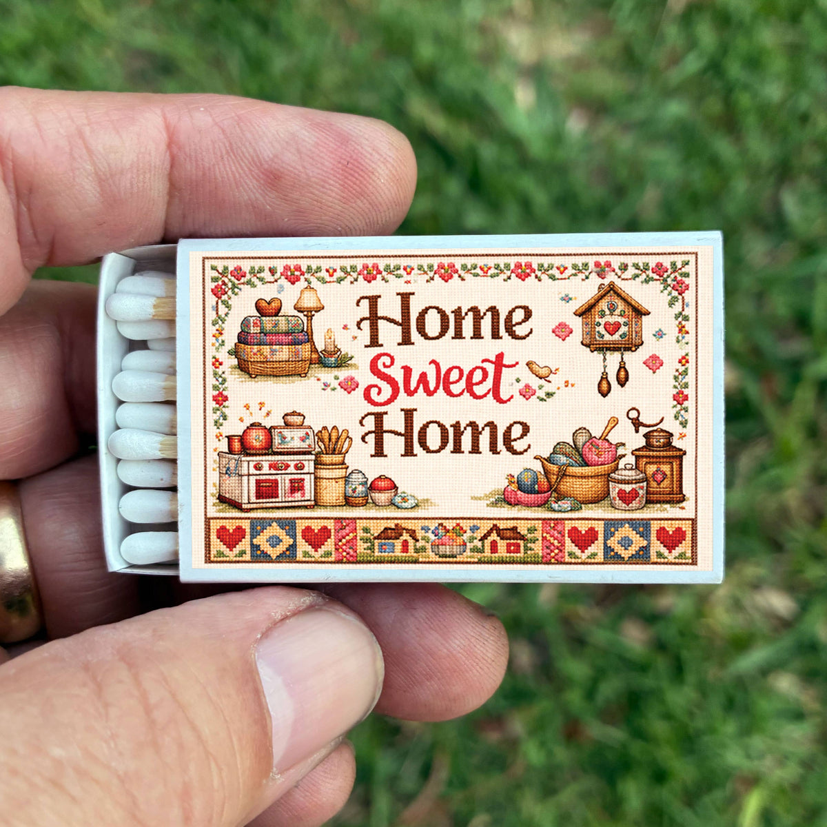 Home Sweet Home Cross-Stitch Matchbook, Rustic Cottage Decor Accessory