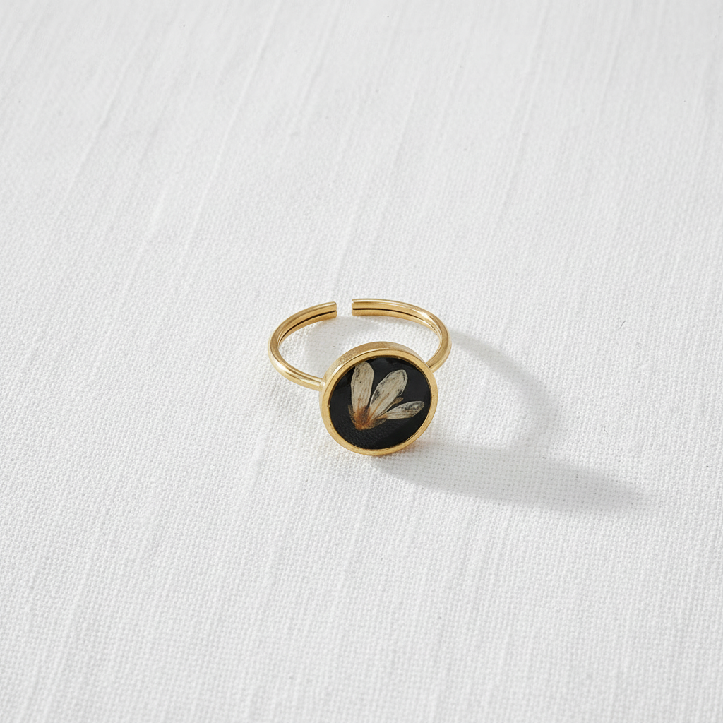 Black Dried Flower Adjustable Ring, Geometric Botanical Resin Jewelry, Nature Inspired Gift for Her