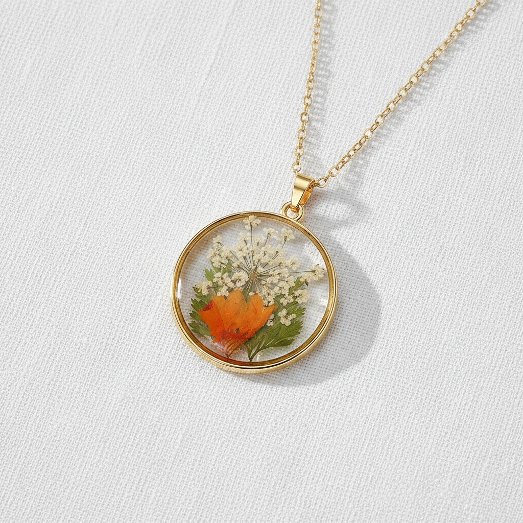 Real Dried Flower Disc Necklace, Botanical Resin Pendant Jewelry, Nature Inspired Gift for Her