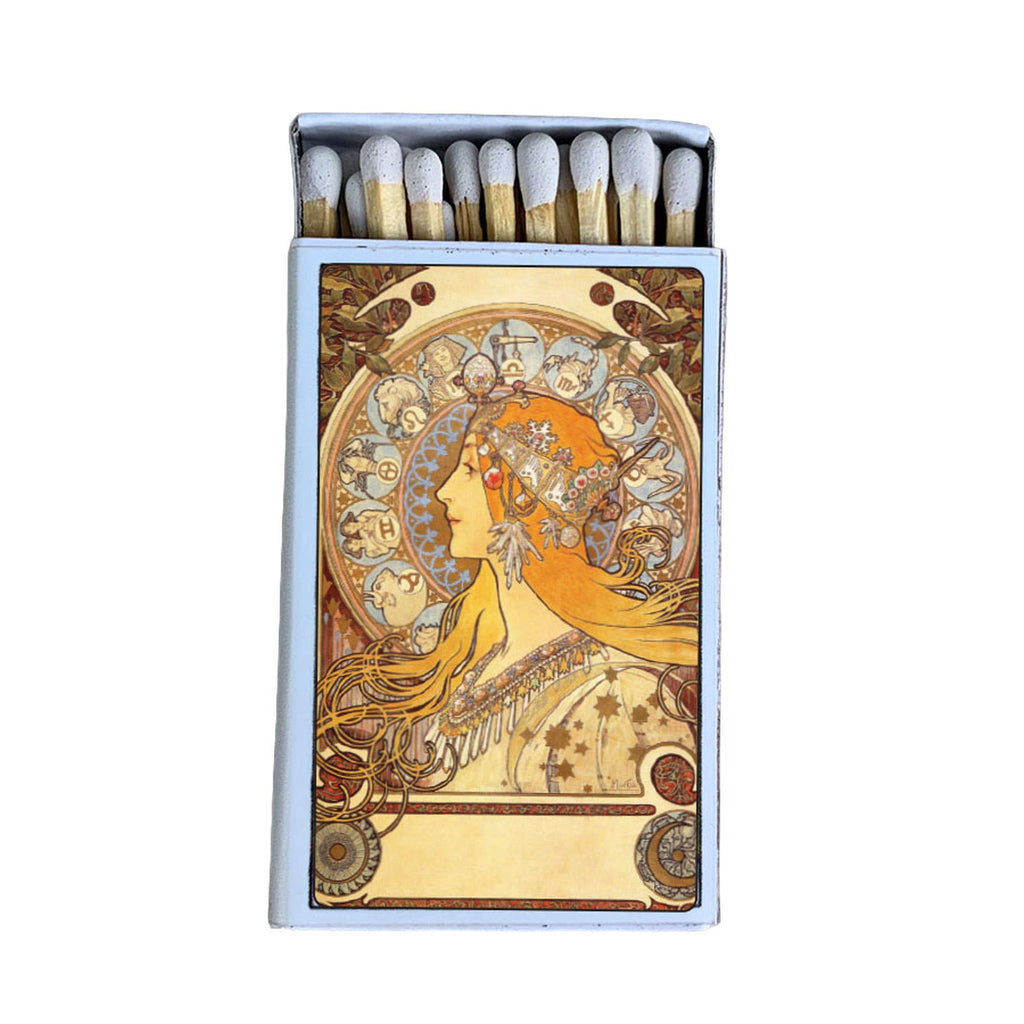 Mucha Zodiac Matchbox | Alphonse Mucha Art Matches | Decorative Matches for Candles & Incense | Art Nouveau Home Decor Gift