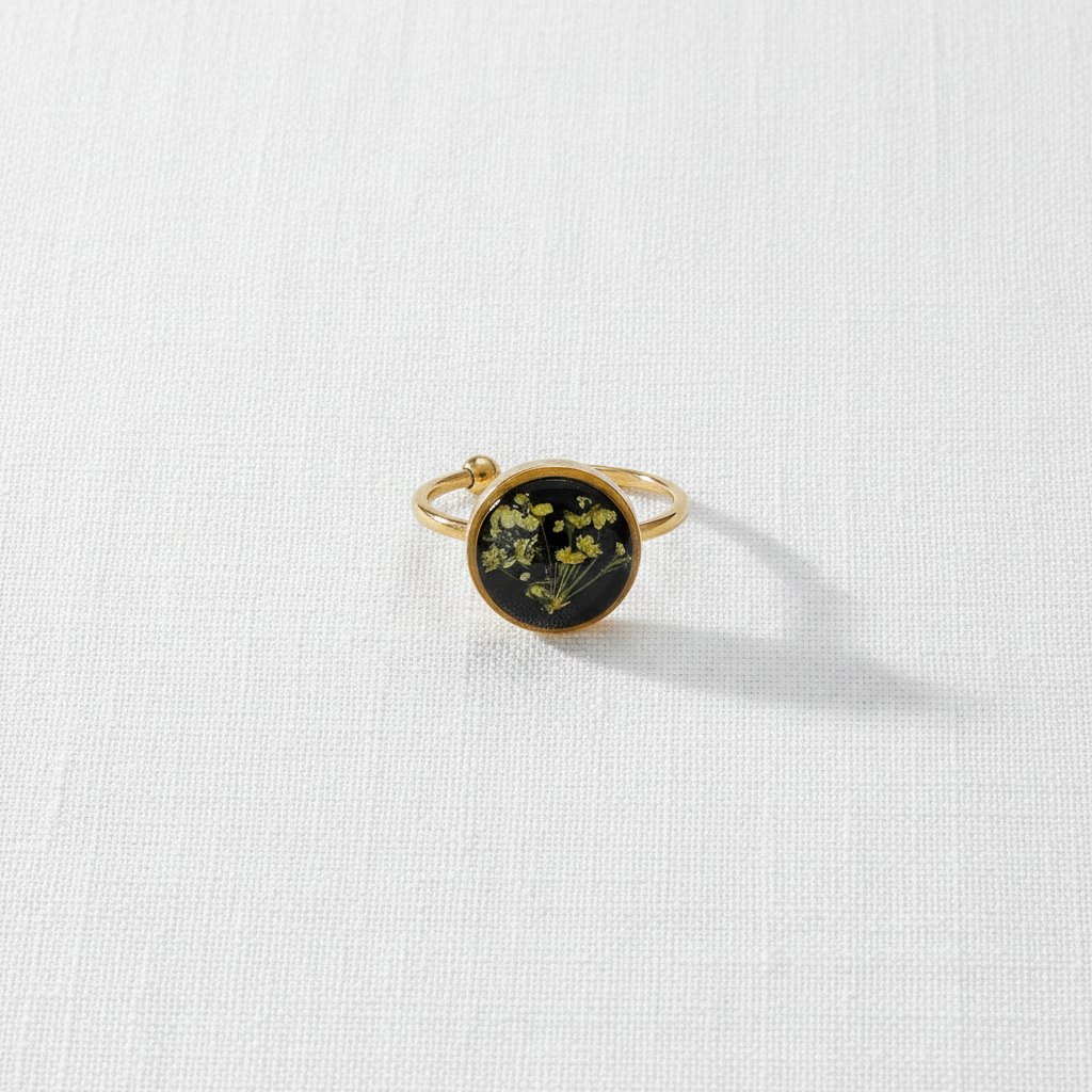 Black Dried Flower Adjustable Ring, Geometric Botanical Resin Jewelry, Nature Inspired Gift for Her