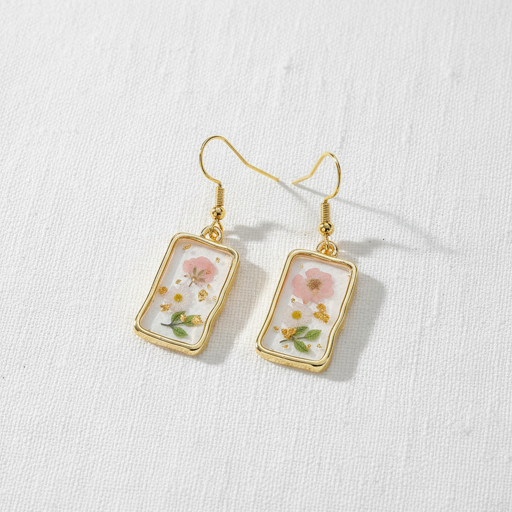 Assorted Botanical Print Geometric Rectangle Drop Earrings, Floral Dangles, Nature Inspired Gift for Her