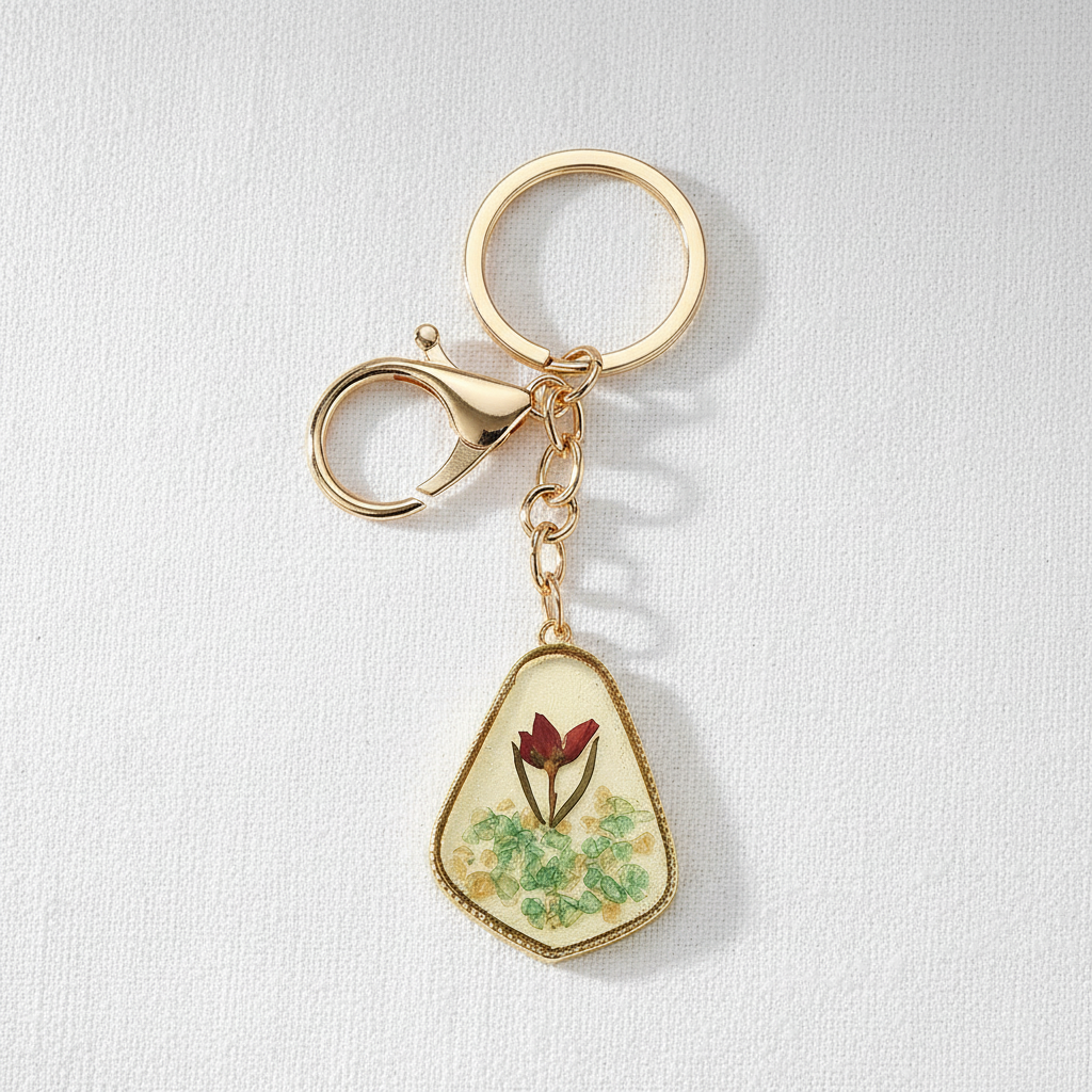 Preserved Flower and Stone Keychain Charm, Geometric Botanical Resin Accessory, Nature Inspired Gift