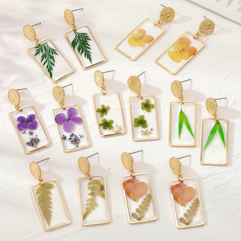 Real Dried Leaf and Flower Earrings, Rectangle Botanical Dangles, Gift for Plant Lovers