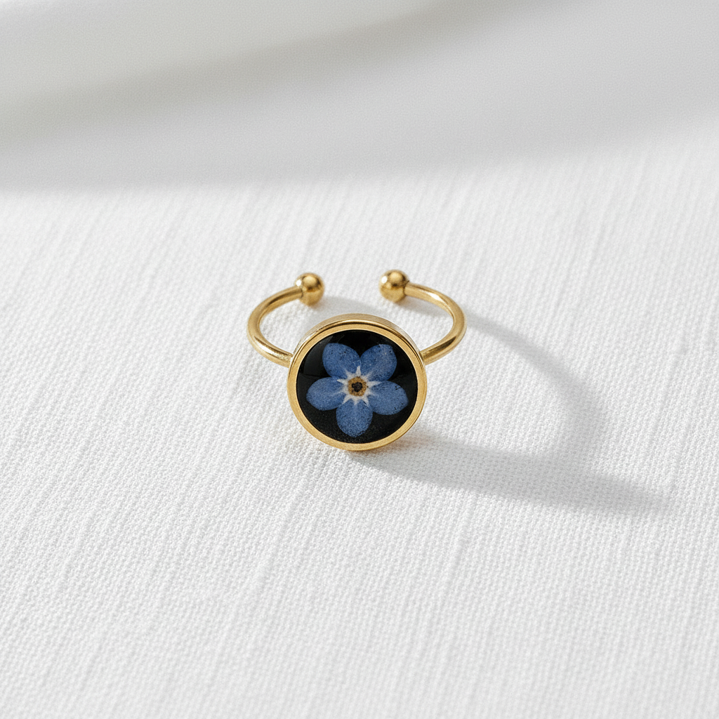 Black Dried Flower Adjustable Ring, Geometric Botanical Resin Jewelry, Nature Inspired Gift for Her