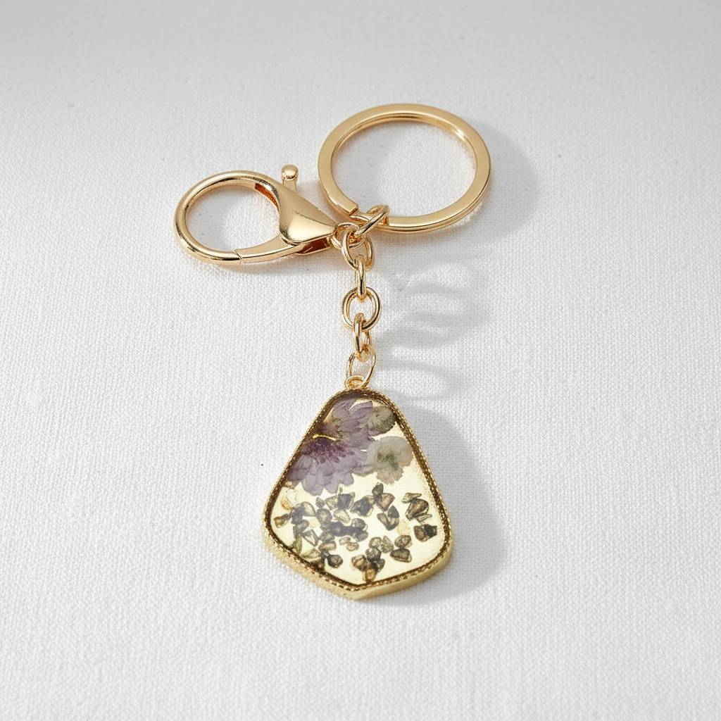 Preserved Flower and Stone Keychain Charm, Geometric Botanical Resin Accessory, Nature Inspired Gift