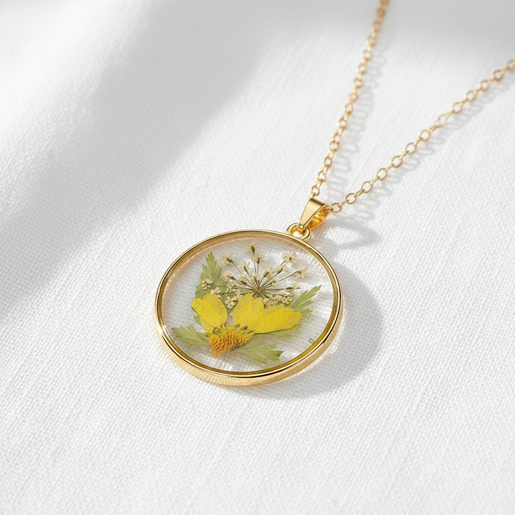 Real Dried Flower Disc Necklace, Botanical Resin Pendant Jewelry, Nature Inspired Gift for Her