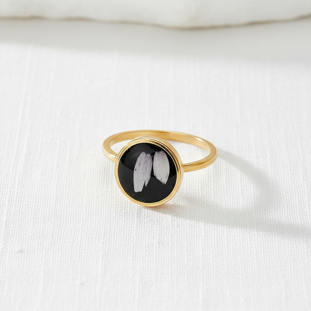 Black Dried Flower Adjustable Ring, Geometric Botanical Resin Jewelry, Nature Inspired Gift for Her
