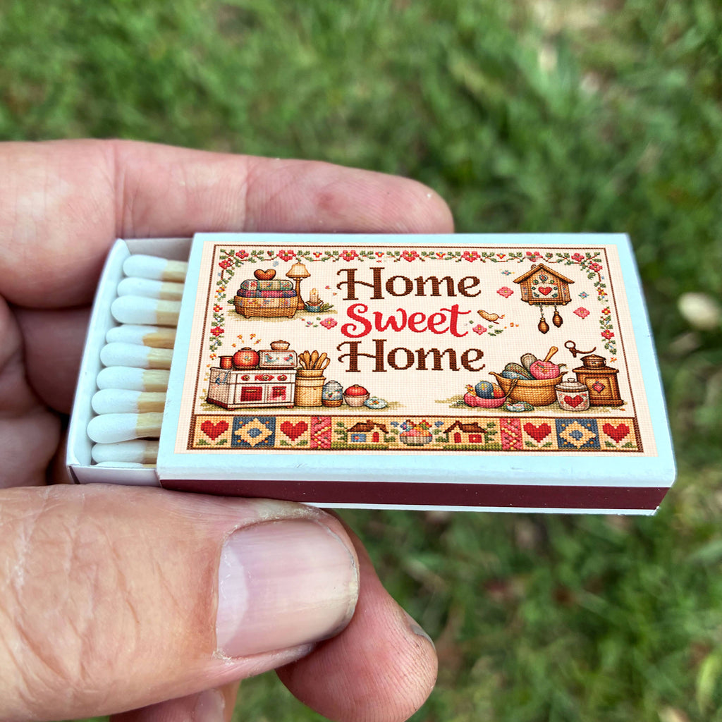 Home Sweet Home Cross-Stitch Matchbook, Rustic Cottage Decor Accessory