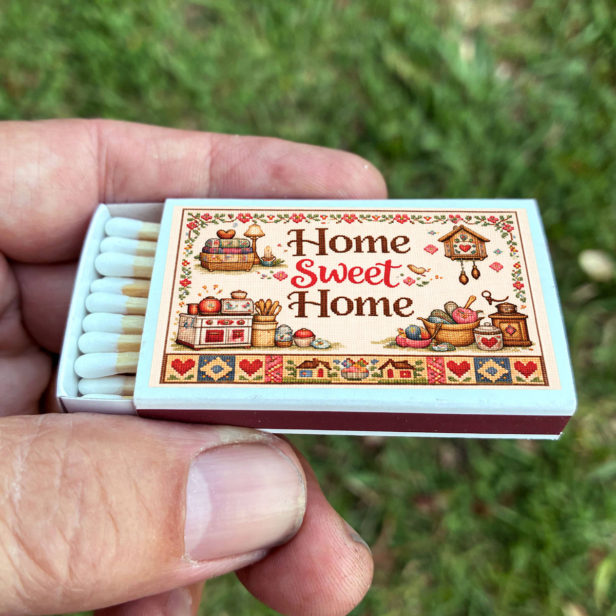 Home Sweet Home Cross-Stitch Matchbook, Rustic Cottage Decor Accessory