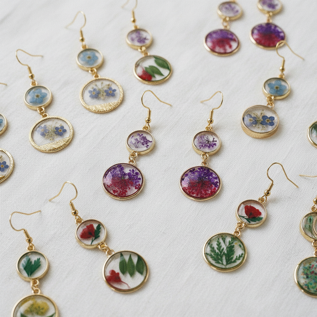Handcrafted Real Flower Circle Drop Earrings, Botanical Floral Jewelry, Nature Inspired Gift for Her