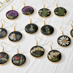 Black Round Preserved Dried Flower Drop Earrings, Botanical Earrings, Floral Jewelry, Gift for Her