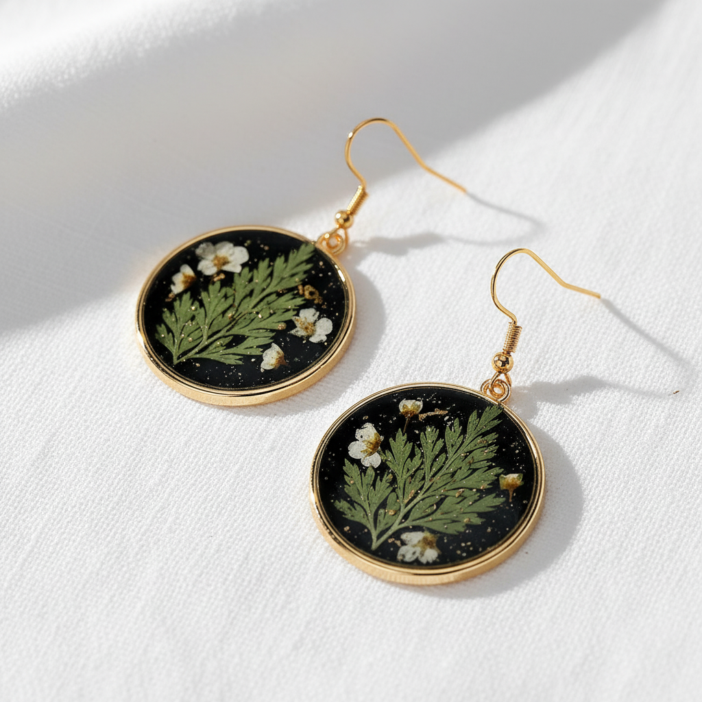 Black Round Preserved Dried Flower Drop Earrings, Botanical Earrings, Floral Jewelry, Gift for Her