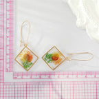 Square Dried Flower Earrings, Colorful Preserved Flower Drops, Botanical Resin Jewelry for Women