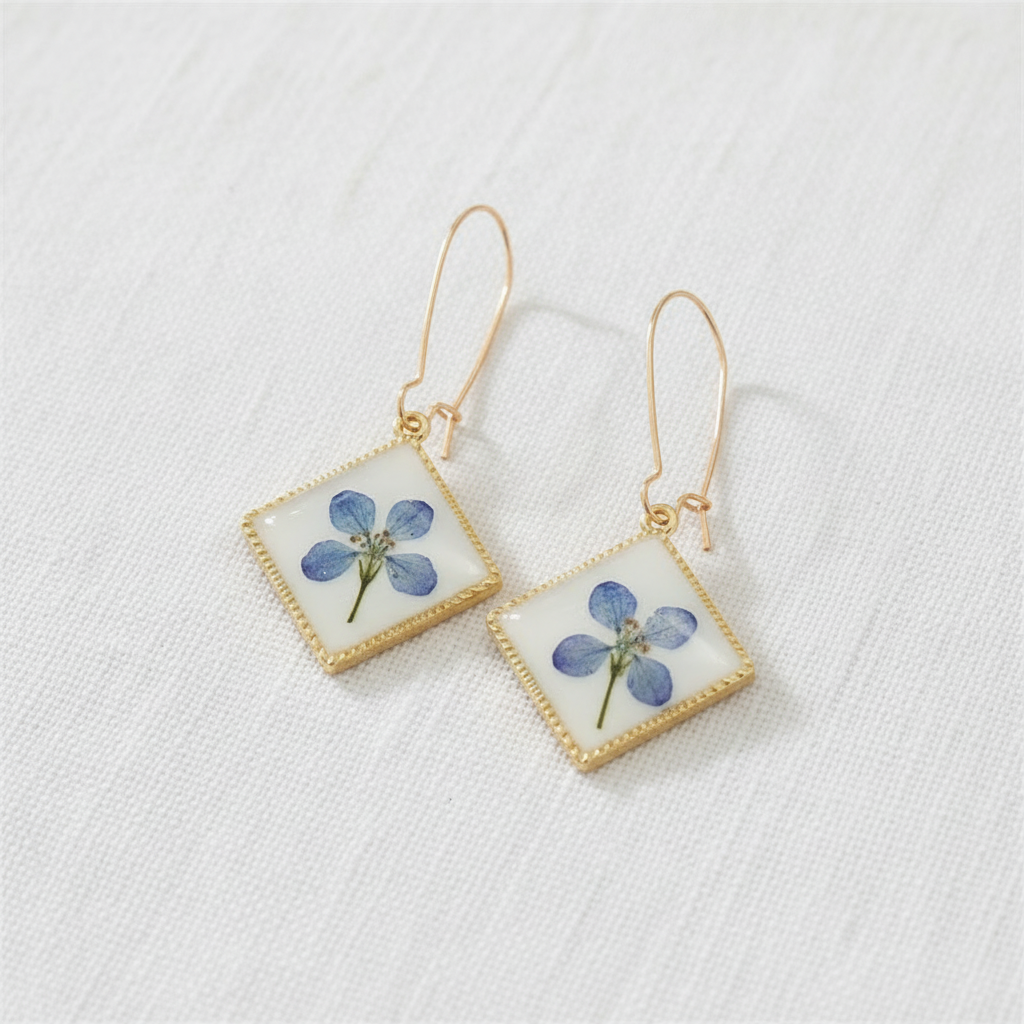 Square Dried Flower Earrings, Colorful Preserved Flower Drops, Botanical Resin Jewelry for Women