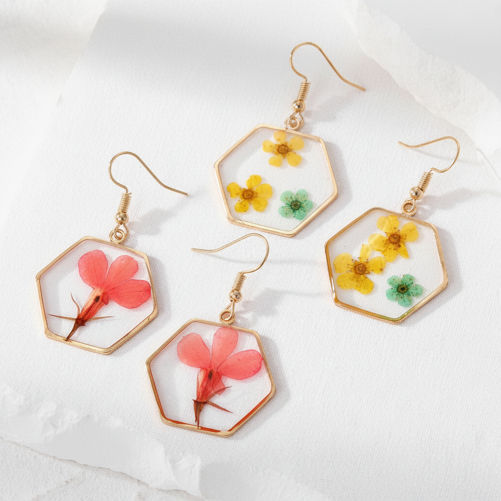 Vibrant Hexagon Natural Flower Drop Earrings, Real Dried Flower Resin Jewelry, Nature Inspired Gift for Her