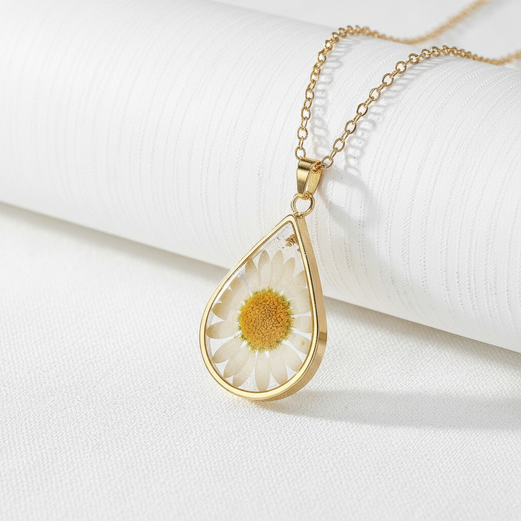Teardrop Handmade Preserved Floral Specimen Pendant Necklace, Botanical Resin Jewelry, Gift for Her
