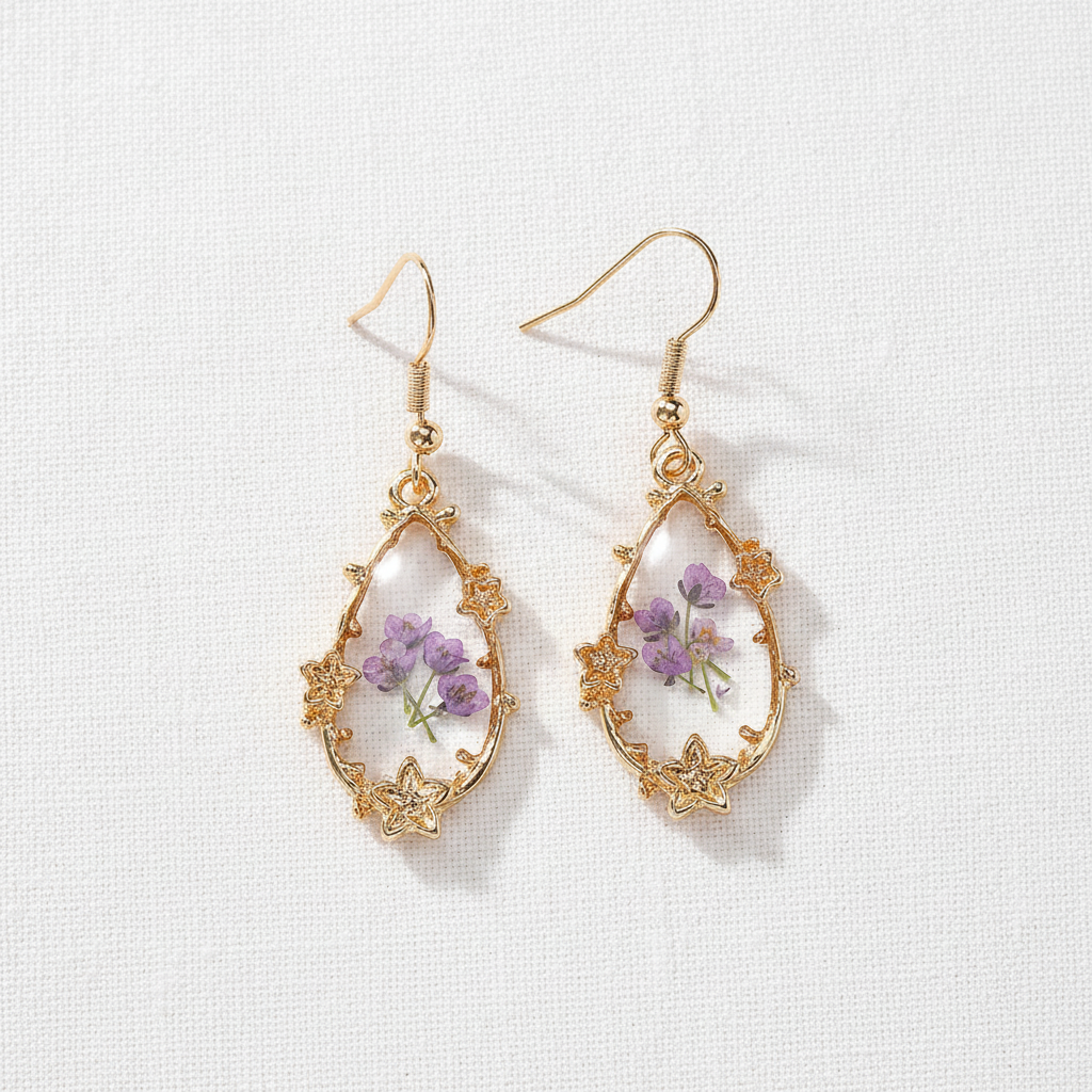 Colorful Dried Flower Drop Earrings, Botanical Resin Earrings, Floral Nature Jewelry