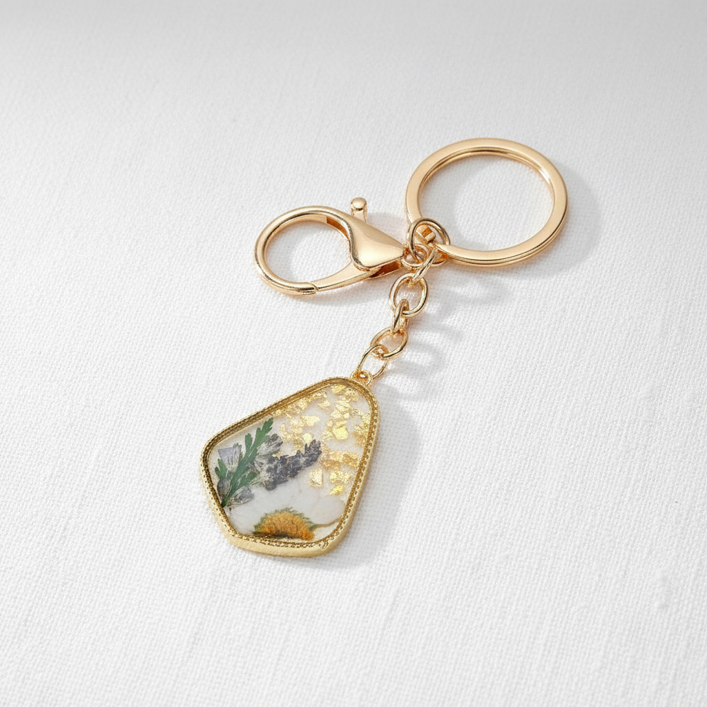 Preserved Flower and Stone Keychain Charm, Geometric Botanical Resin Accessory, Nature Inspired Gift