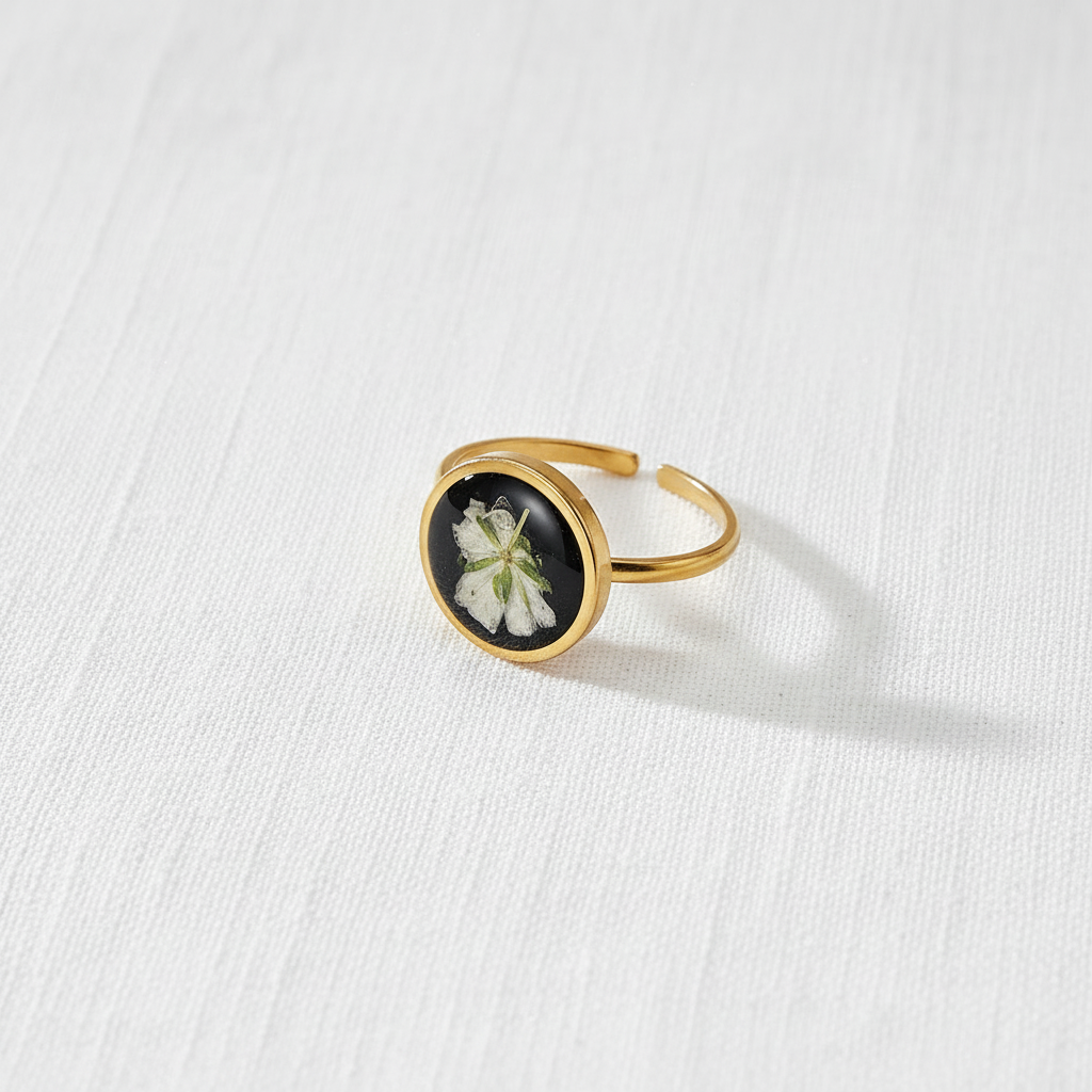 Black Dried Flower Adjustable Ring, Geometric Botanical Resin Jewelry, Nature Inspired Gift for Her
