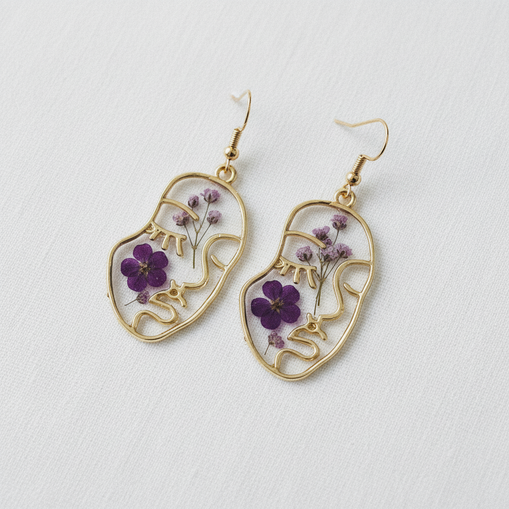 Face Silhouette Drop Earrings, Botanical Resin Earrings, Dried Flower Nature Jewelry