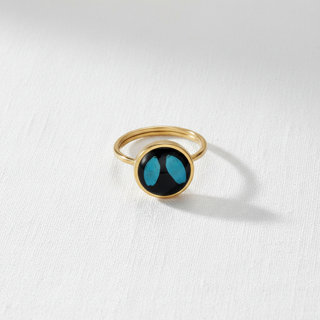 Black Dried Flower Adjustable Ring, Geometric Botanical Resin Jewelry, Nature Inspired Gift for Her