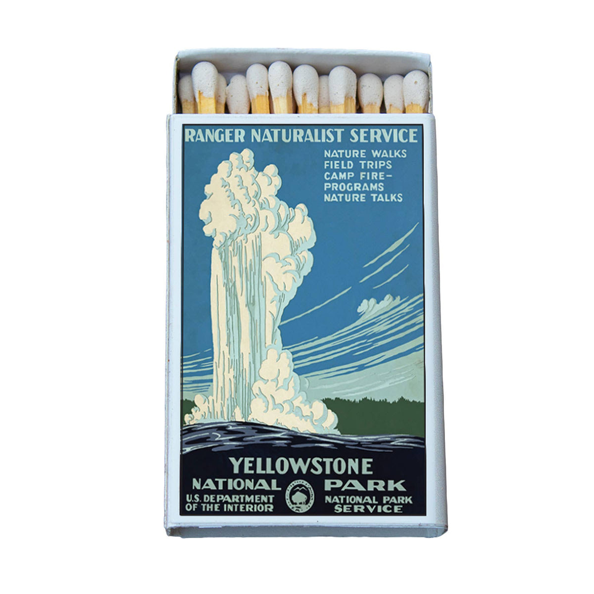 Matchbox with Yellowstone National Park design featuring a waterfall illustration.