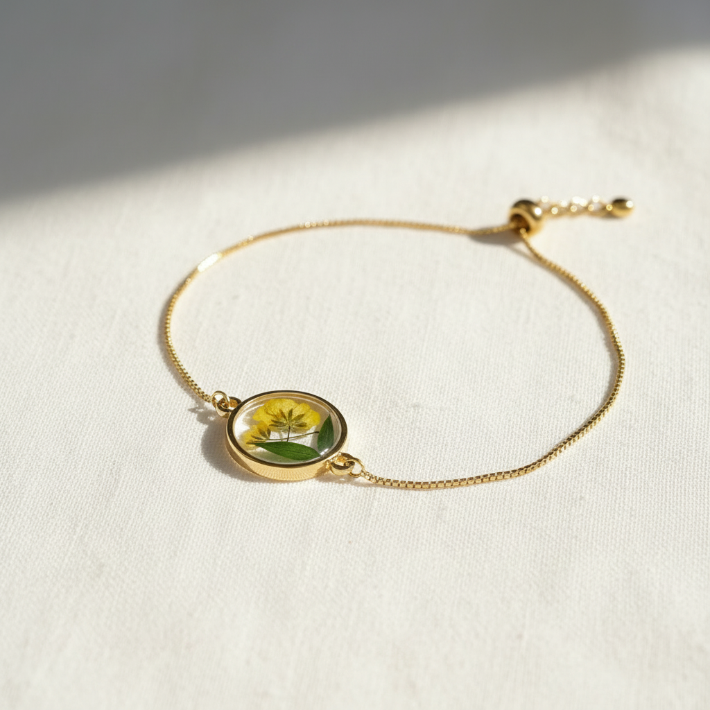 Dried Flower Disc Adjustable Slider Bracelet, Botanical Resin Jewelry, Nature Inspired Bracelet, Gift for Her