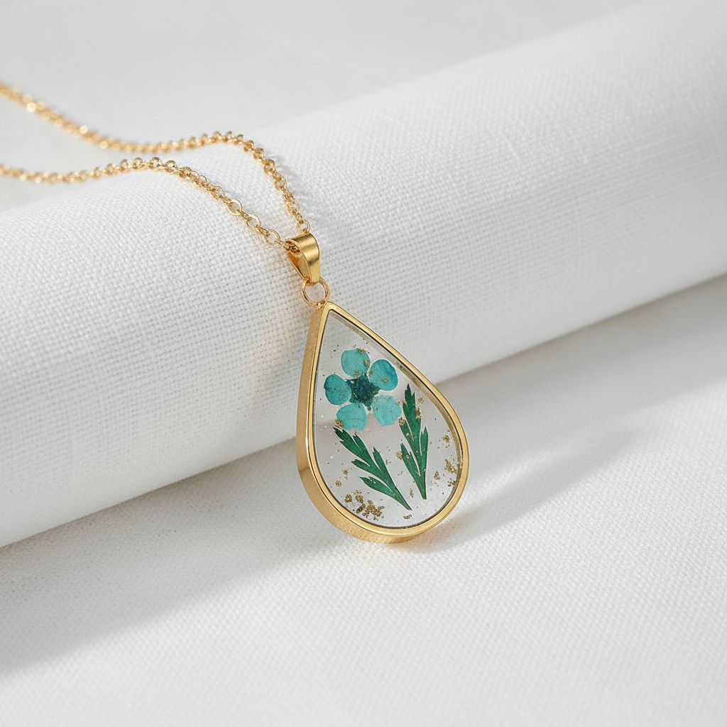 Teardrop Handmade Preserved Floral Specimen Pendant Necklace, Botanical Resin Jewelry, Gift for Her