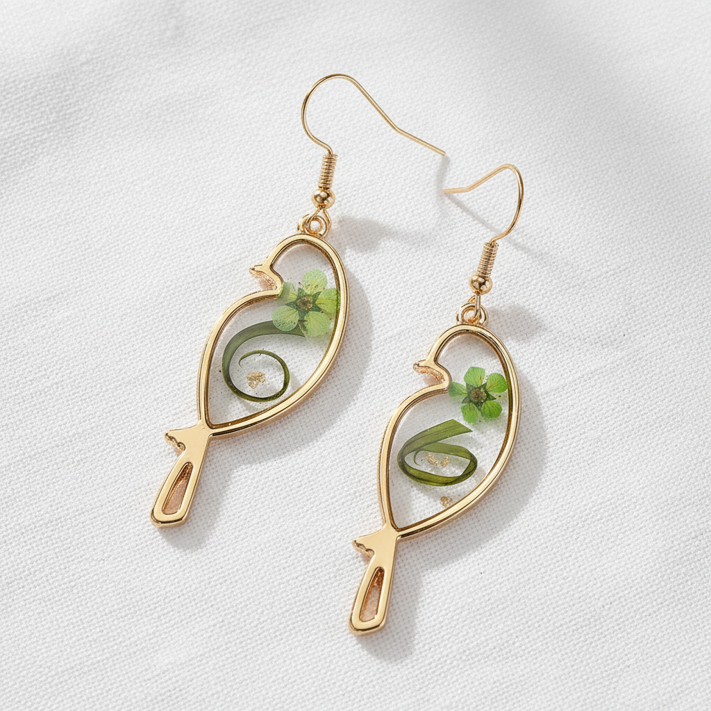 Dried Flower Drop Earrings, Green Botanical Jewelry, Nature Lover Gift for Her