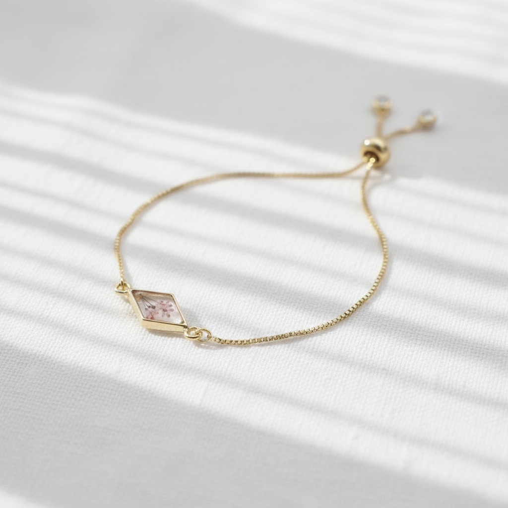 Pink Dried Flower Slider Bracelet, Geometric Botanical Jewelry, Preserved Floral Adjustable Bracelet