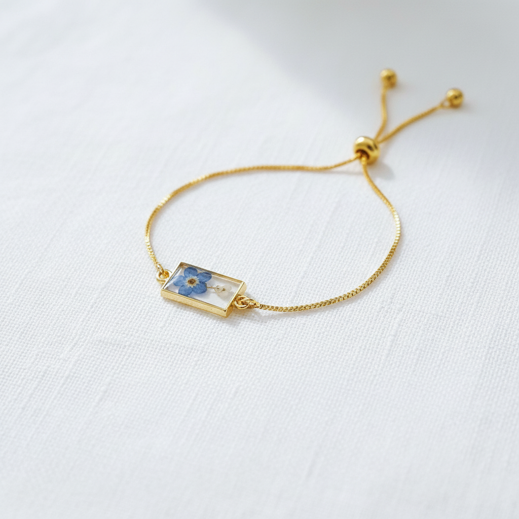 Encased Forget-Me-Not Adjustable Slider Bracelet, Floral Resin Jewelry, Botanical Gift for Her