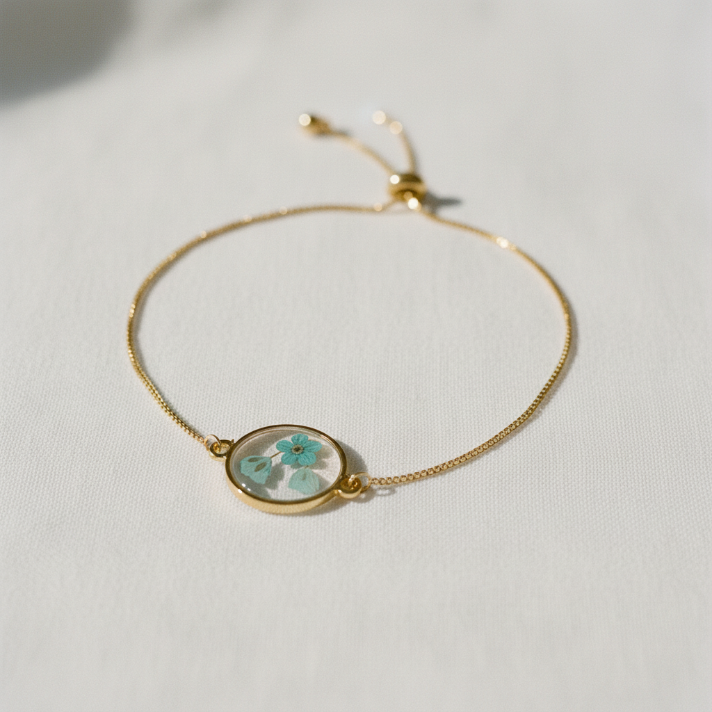 Dried Flower Disc Adjustable Slider Bracelet, Botanical Resin Jewelry, Nature Inspired Bracelet, Gift for Her