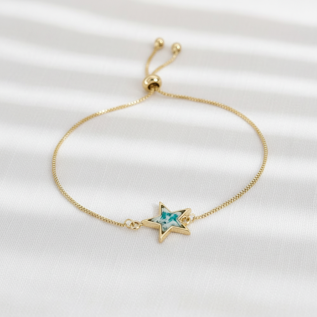 Star and Moon Botanical Slider Bracelet, Dried Flower Jewelry, Adjustable Celestial Nature Bracelet