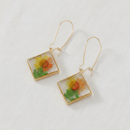 Square Dried Flower Earrings, Colorful Preserved Flower Drops, Botanical Resin Jewelry for Women